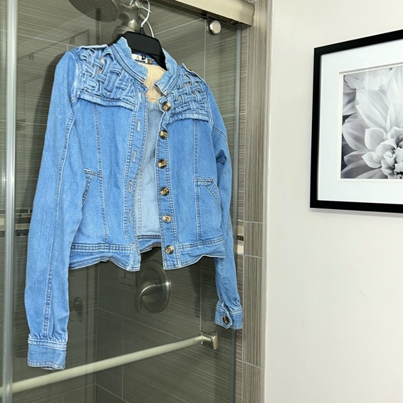 ✨ Mike & Chris ✨ Lattice Weave Cropped Jean Denim Jacket Button Up Size Small - Picture 3 of 10
